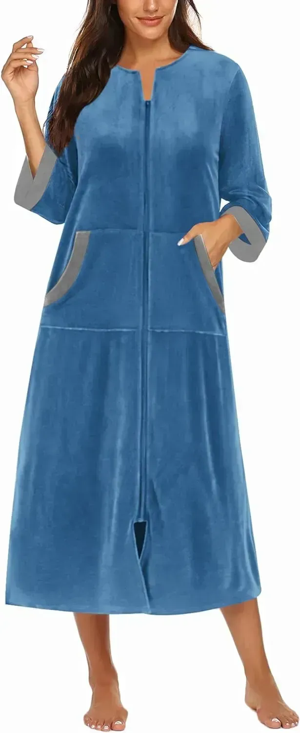 Women Zipper Robe 3/4 Sleeves Loungewear Dress Full Length Sleepwear Pockets Housecoat Nightgown Long Bathrobe