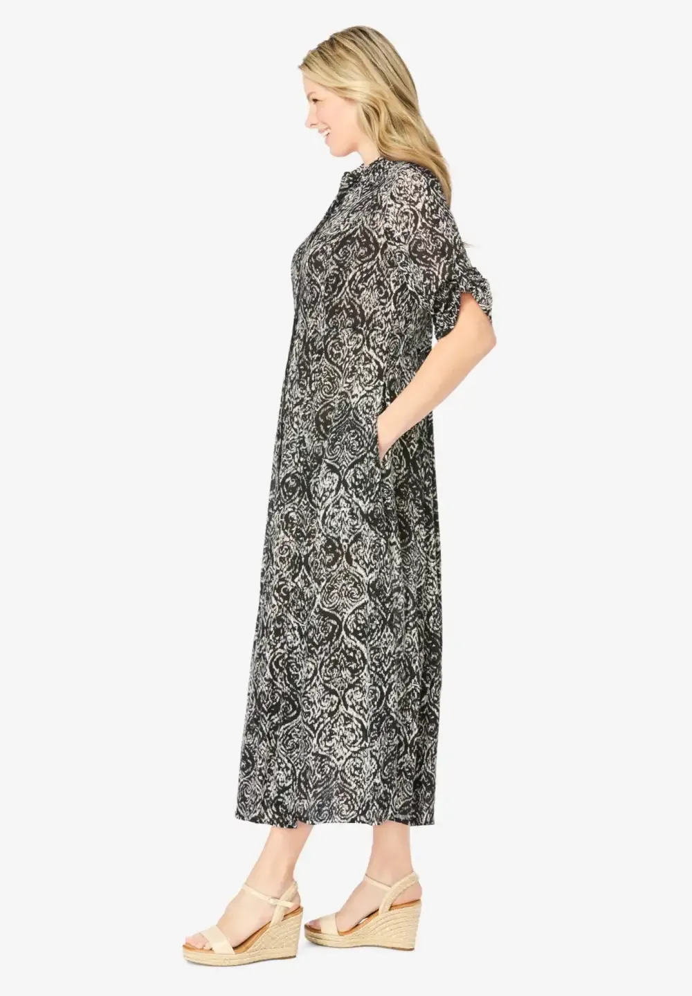 Roll-Tab Sleeve Crinkle Shirtdress
