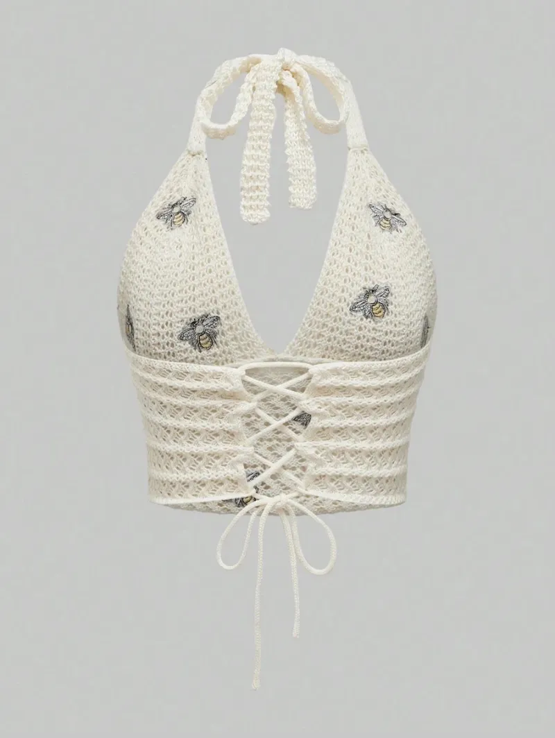 Hippie Summer Sexy Embroidered Backless Halter Knitted Top