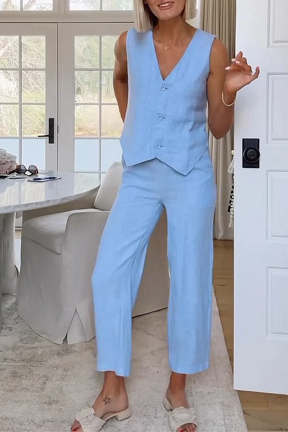 Women'S Casual Cotton And Linen Top And Pants Two-Piece Set