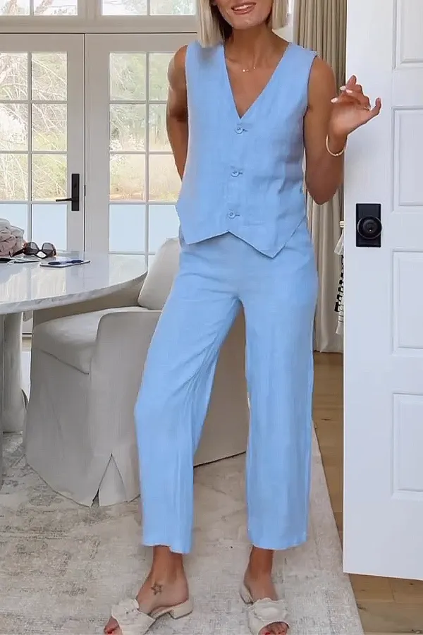 Women'S Casual Cotton And Linen Top And Pants Two-Piece Set