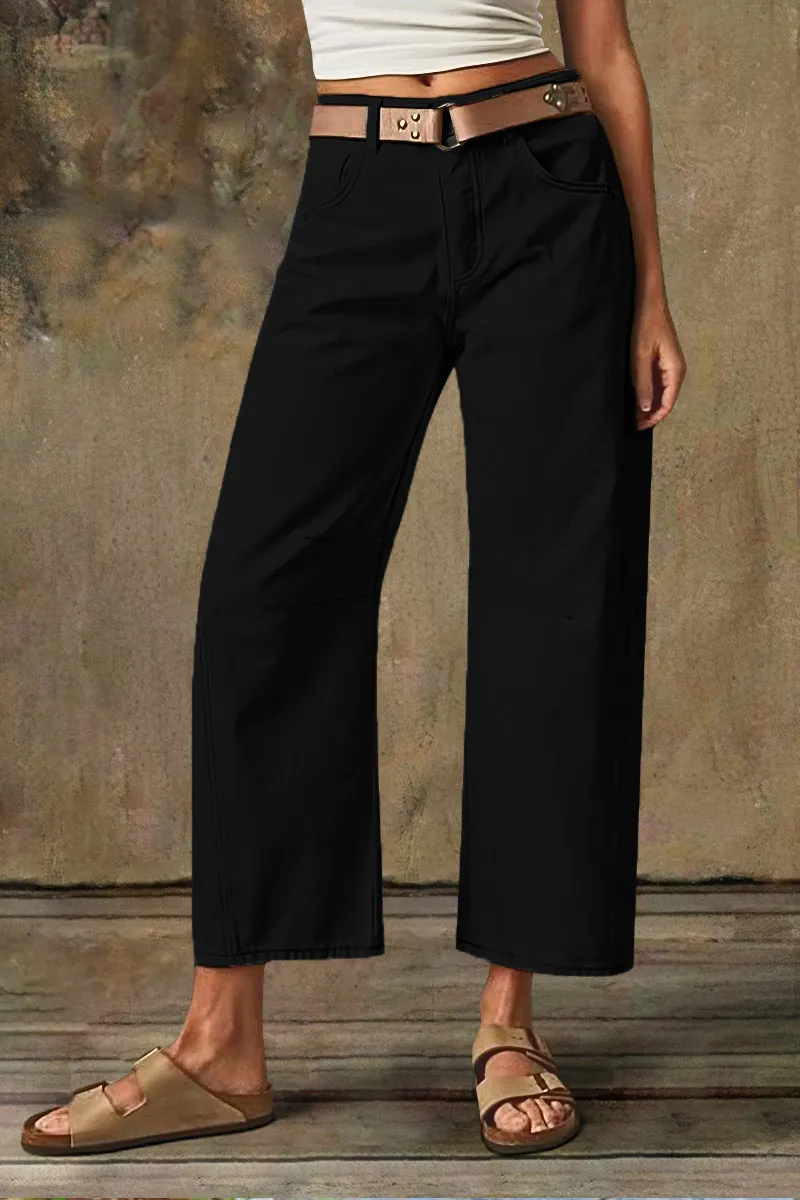 Solid Stitch Detail Mid Waist Crop Straight Leg Jeans Without Belt