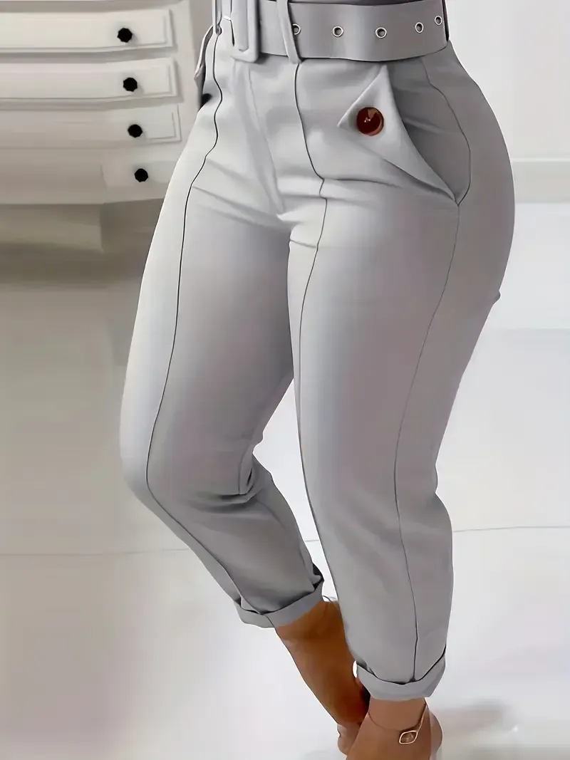 Skinny Leggings Pants - Solid Belted, Slant Pocket Button, Casual Every Day - Women's Clothing