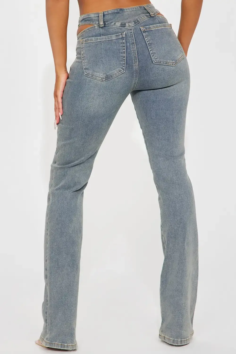 Cause A Scene Cut Out Stretch Bootcut Jean - Vintage Blue Wash