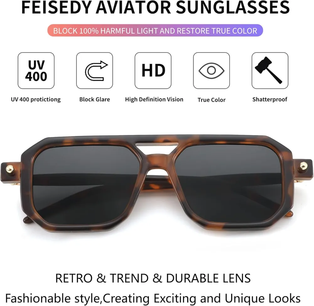 FEISEDY Vintage Square 70s Flat Aviator Sunglasses Women Men Classic Retro Stylish Frame UV400 Sunglasses B2622
