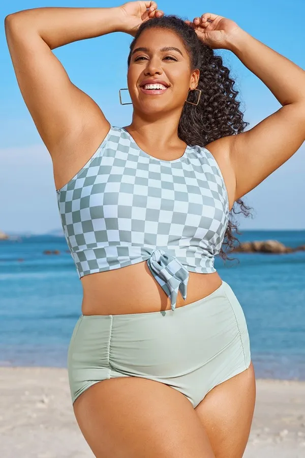 Plus Size White Check Knotted Crop Bikini Top