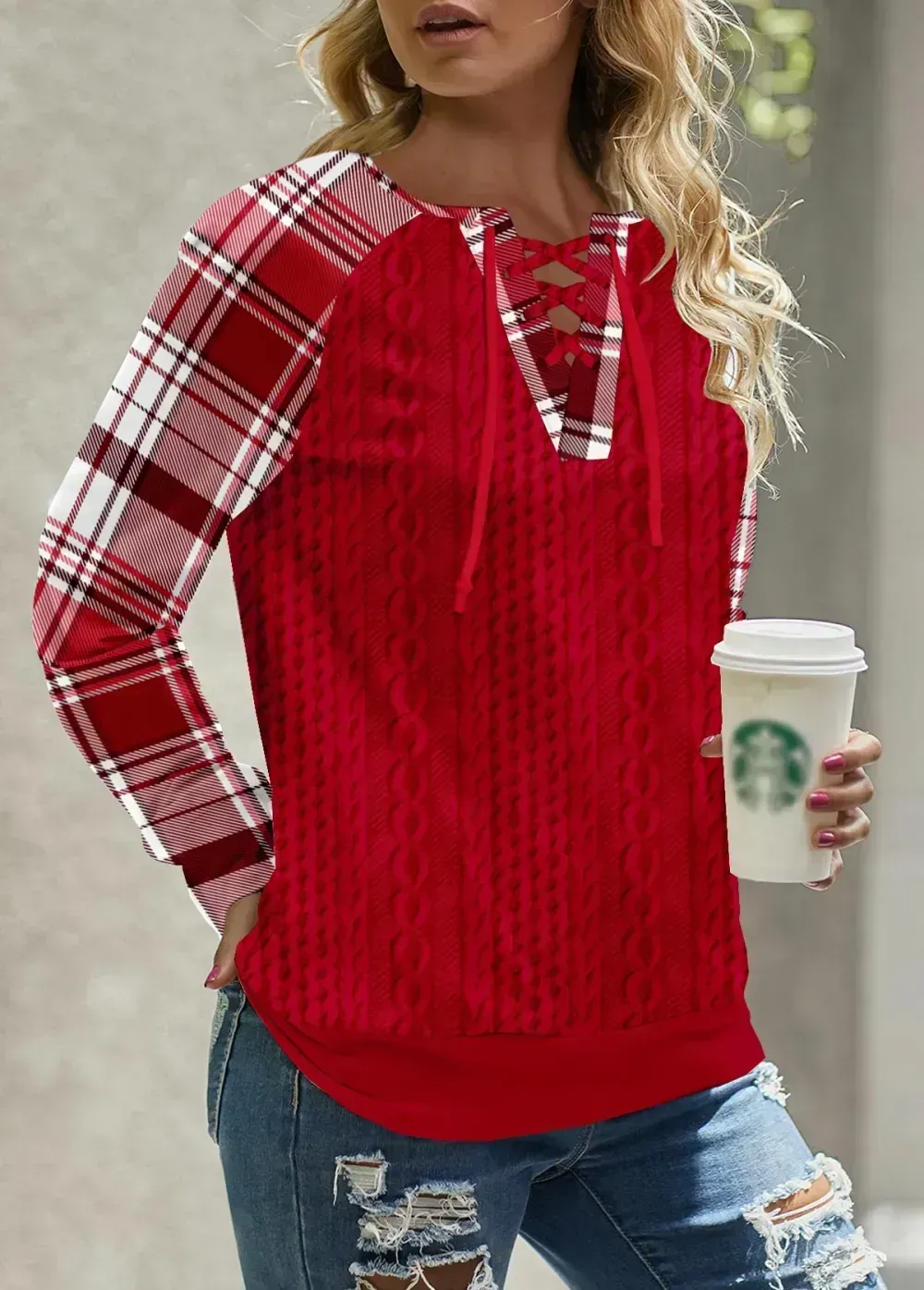 Red Lace Up Plaid Long Sleeve Split Neck Sweatshirt