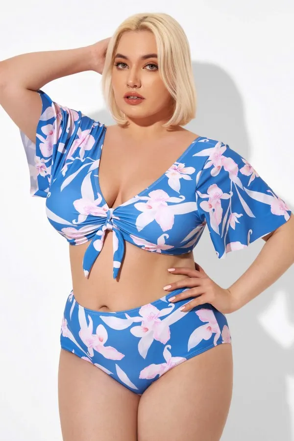 Blue Flower Print Bow V-neck Bikini Top