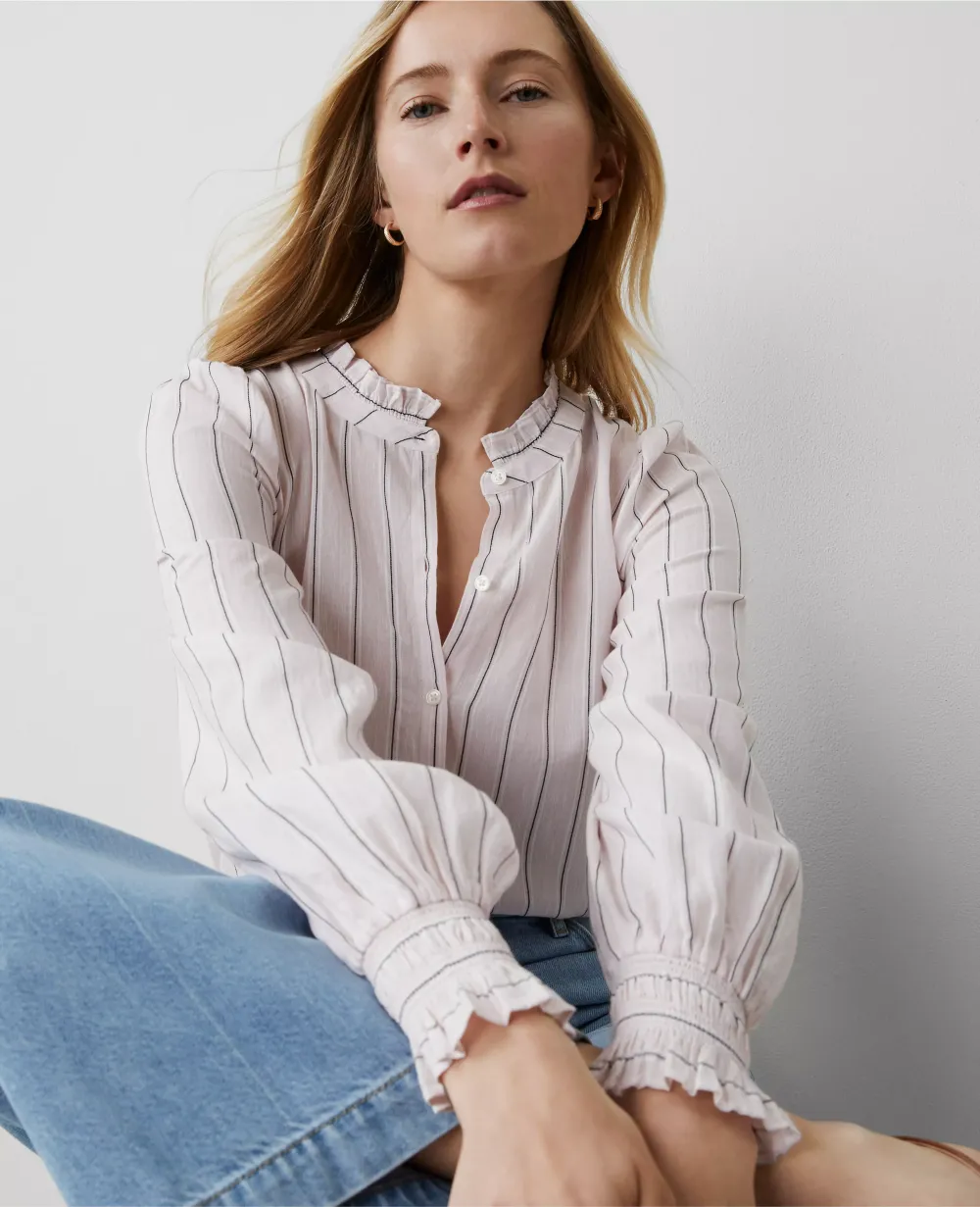 Striped Cutout Smocked Cuff Blouse