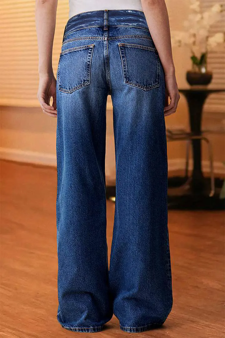 Double Button Wash Mid Waist Straight Leg Jeans