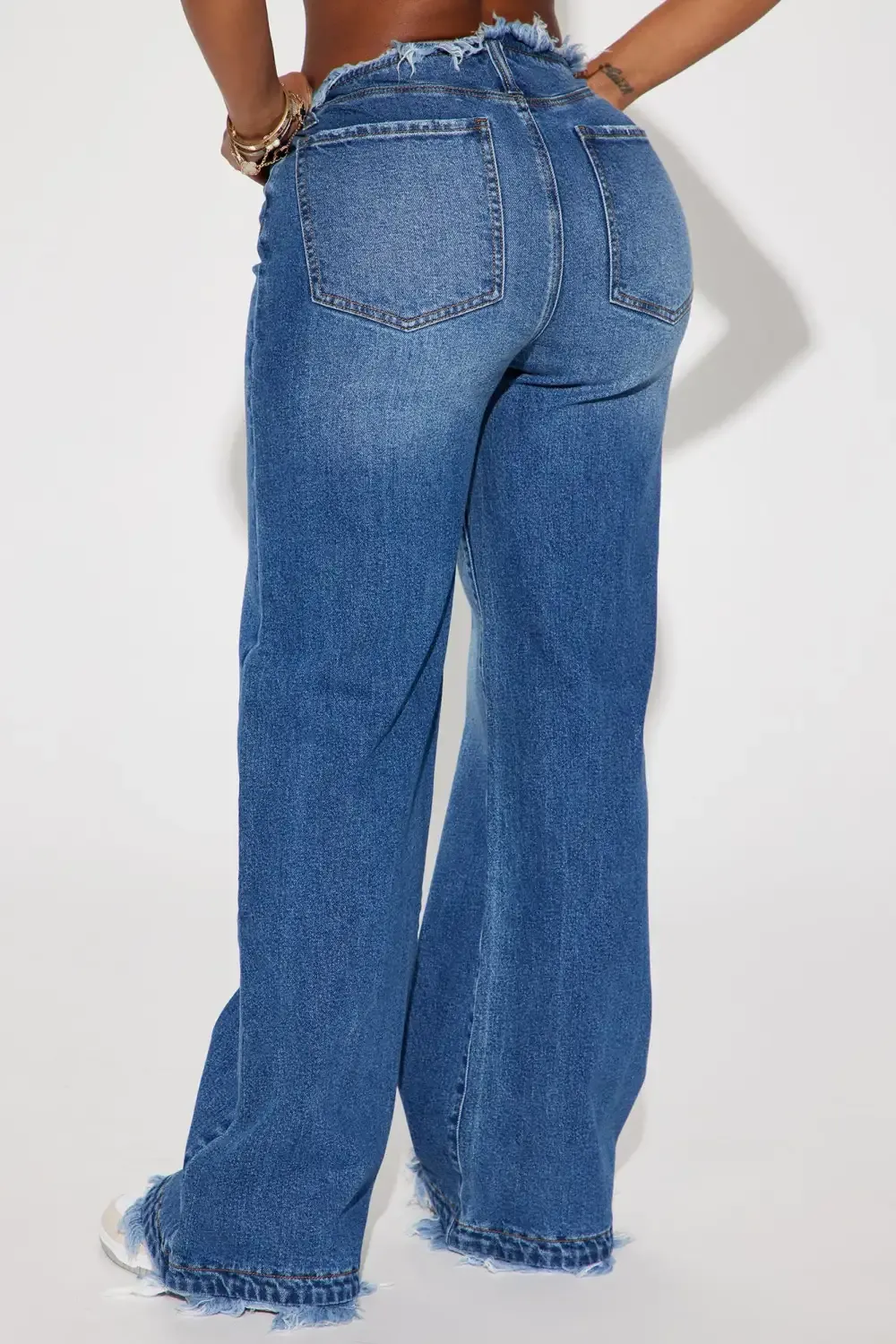 Come And Get It Cut Off Waistband Wide Leg Jean - Medium Wash