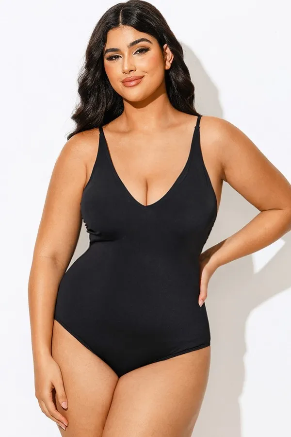 Black Strap Plungey Sculpting One Piece Swimsuit