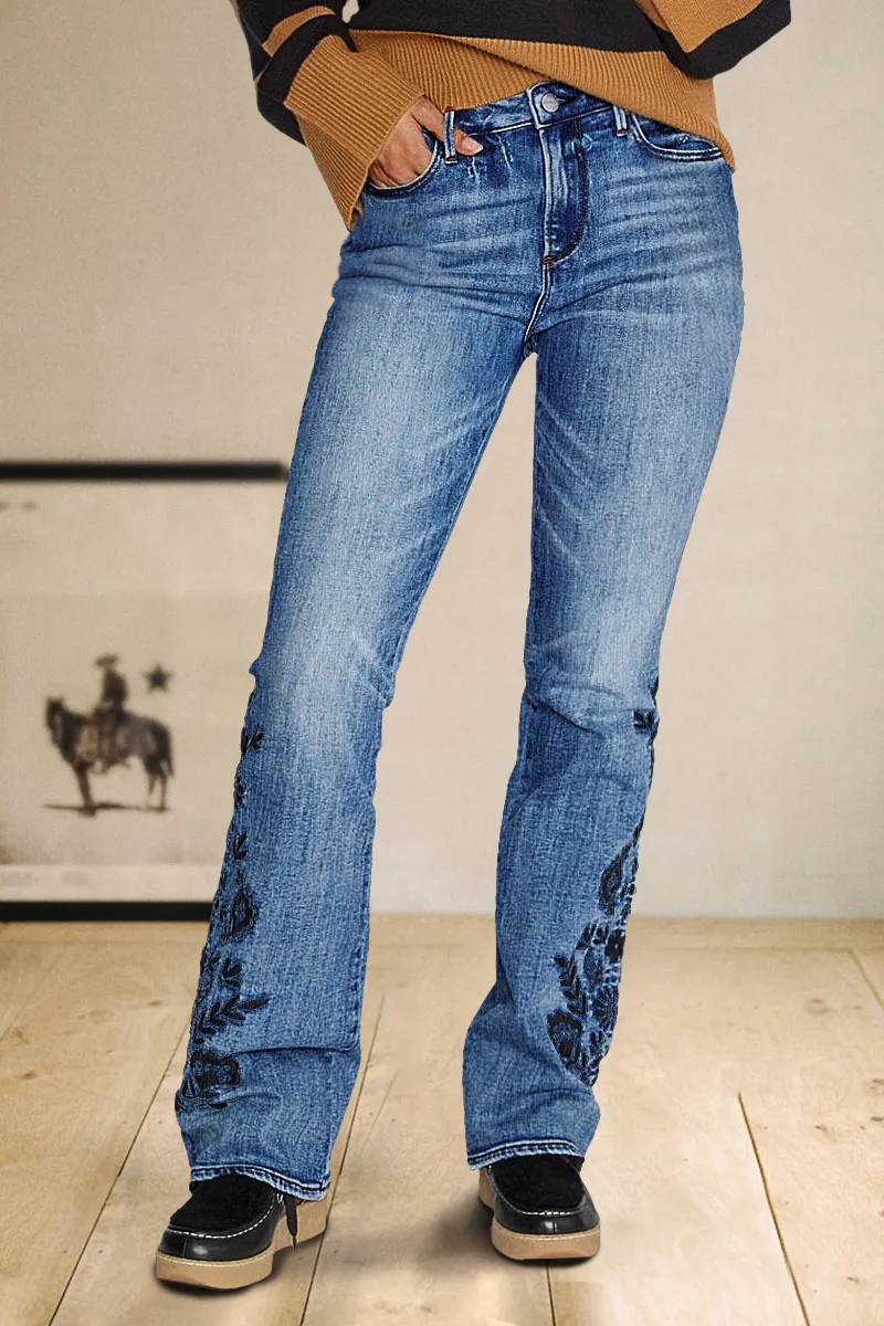 Floral Embroidery Wash Mid Waist Bootcut Jeans