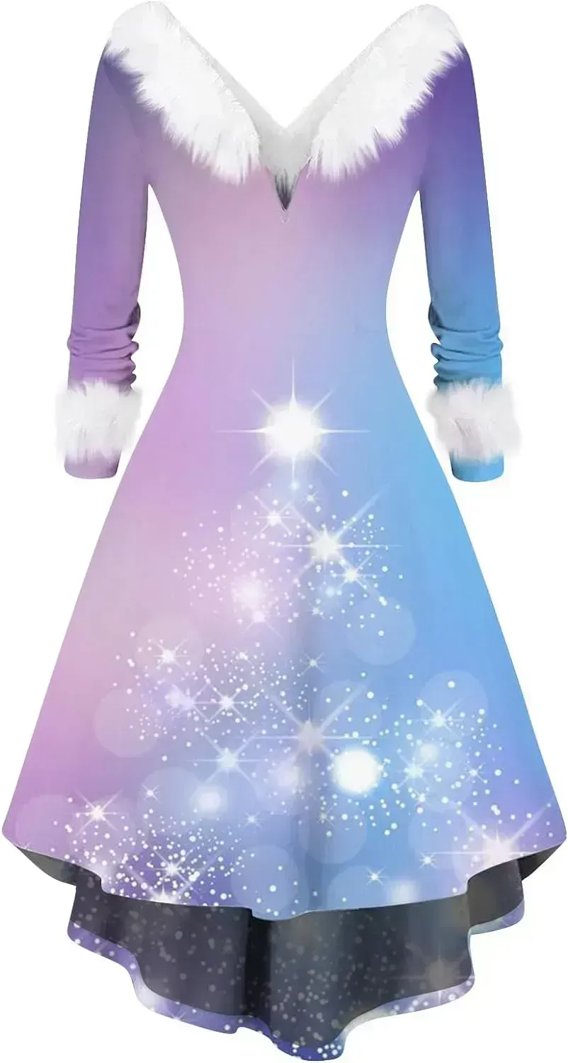Womens Christmas Dress Fuzzy Mrs Claus Christmas Holiday Xmas Cocktail Holiday Party Flare Dress