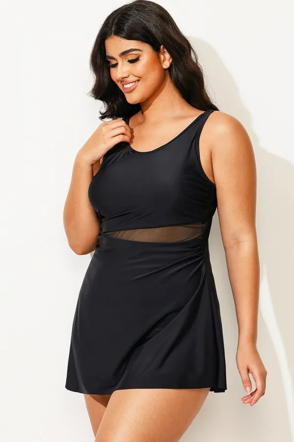 Plus Size V-Neck Black Mesh Panel Swimdress