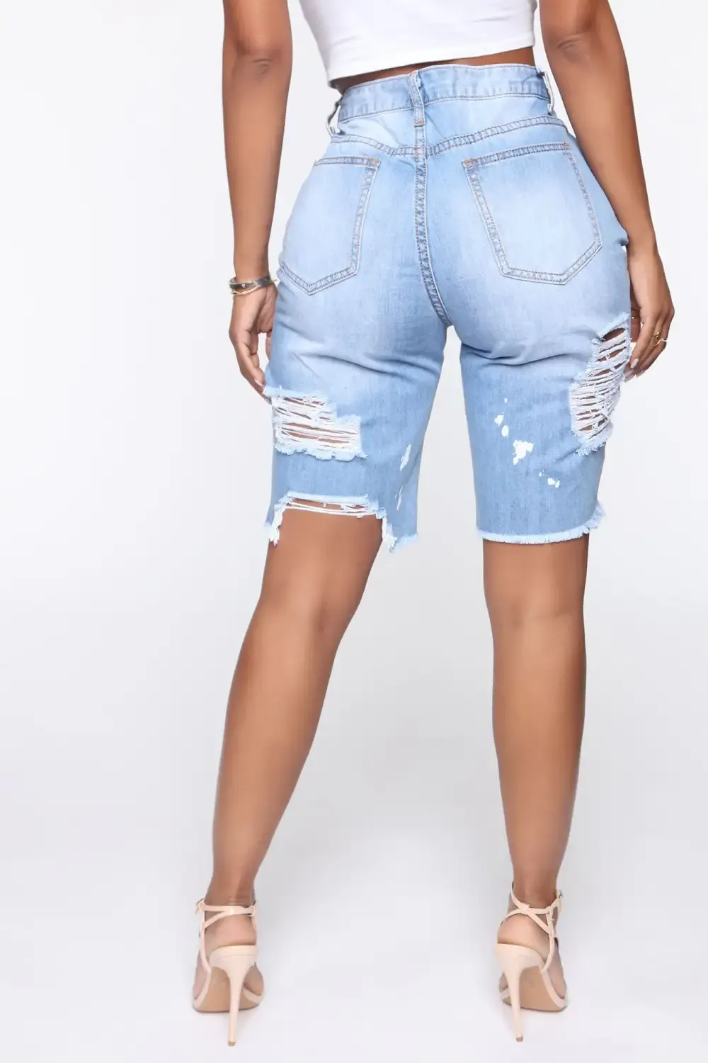 Victory Is Mine Denim Long Line Shorts - Light Blue Wash