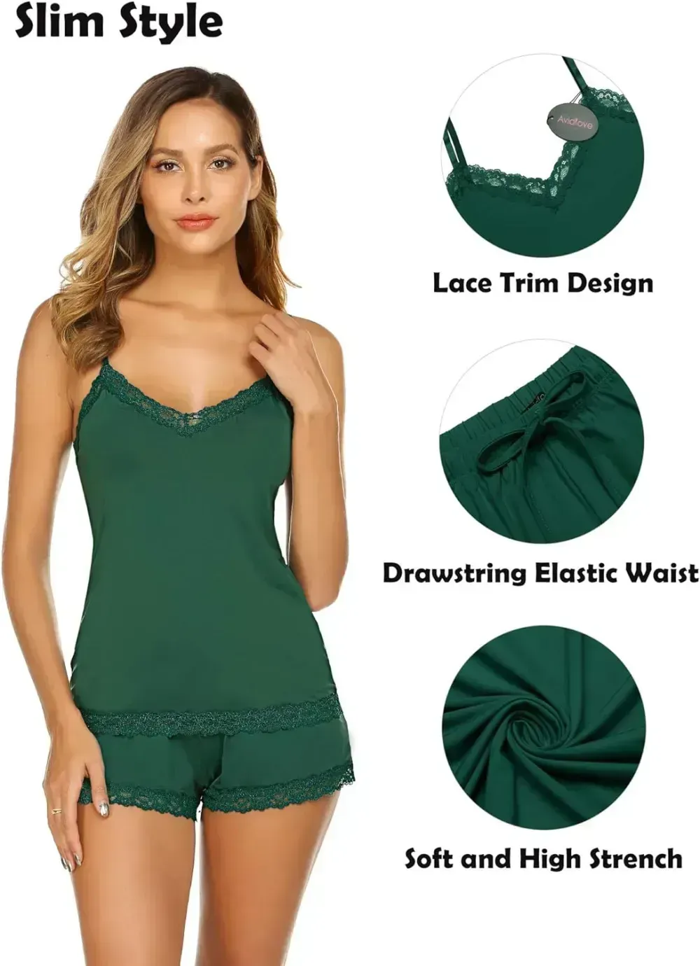 Women Cami Pajama Set Modal Sleepwear Lace Trim Short PJ Set with Shorts