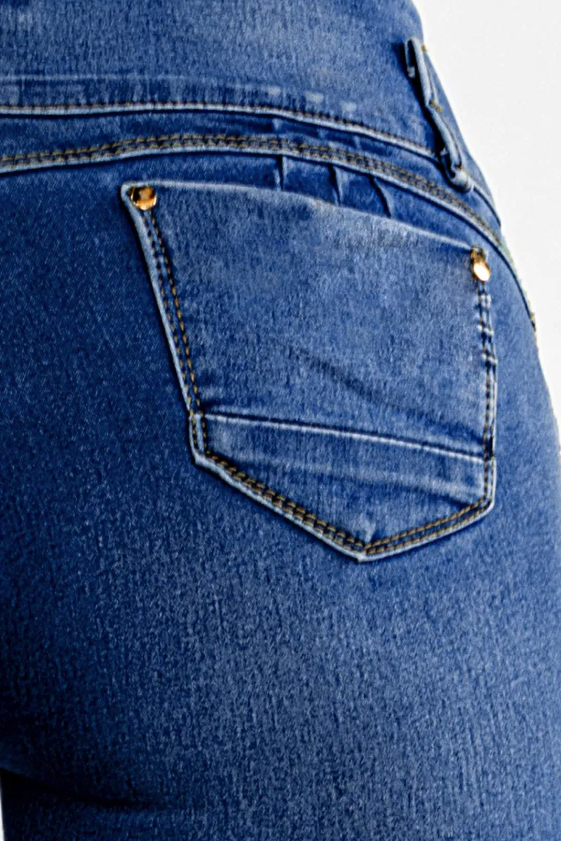 Button Fly Wash High Stretch Mid Waist Capri Jeans