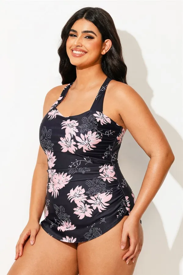 Floral Print H-Back Sarong Front One Piece Swimsuit