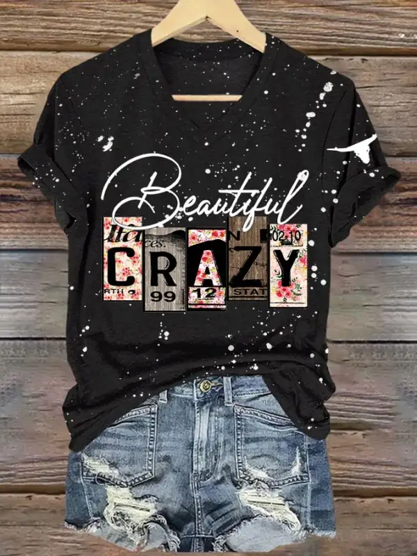 Women's Beautiful Crazy Print V Neck T-Shirt