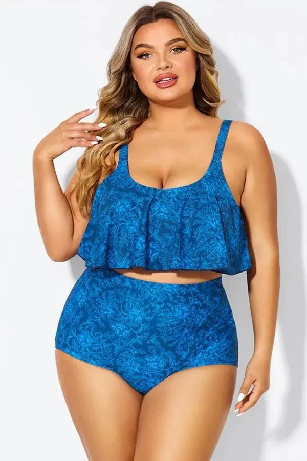 Navy Blue Floral Print Hem Bikini Top