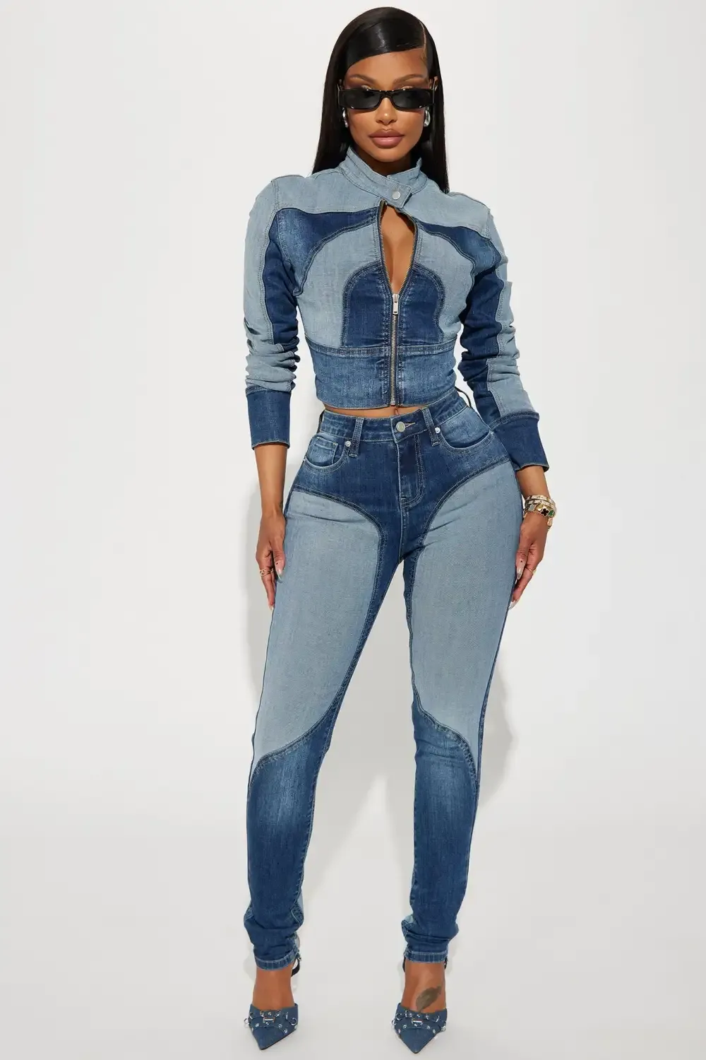 Coronado Two Tone Moto Skinny Jeans - Medium Wash