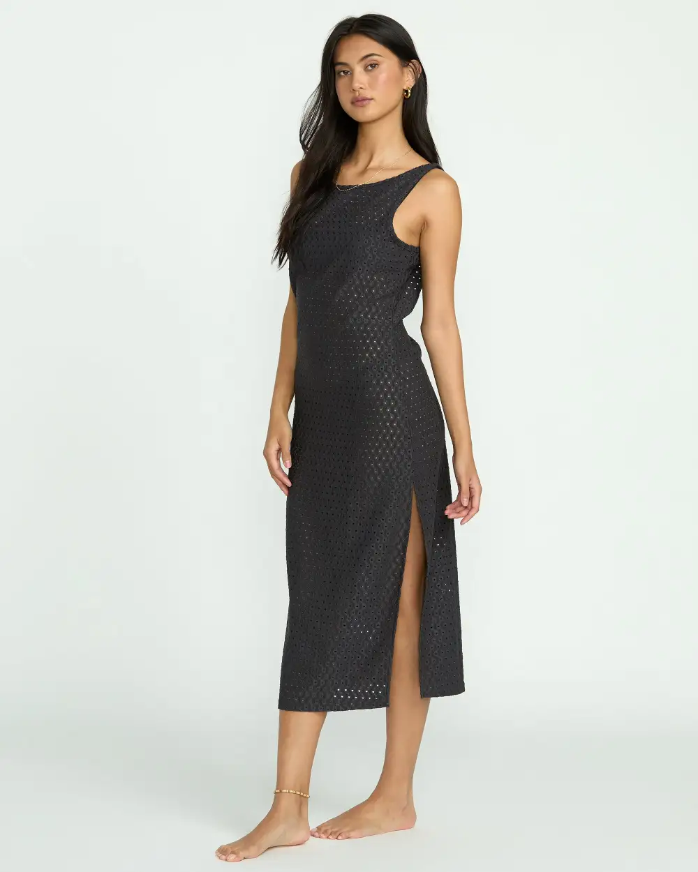 Eyelet Sun Midi Dress Beach Coverup - Off Black
