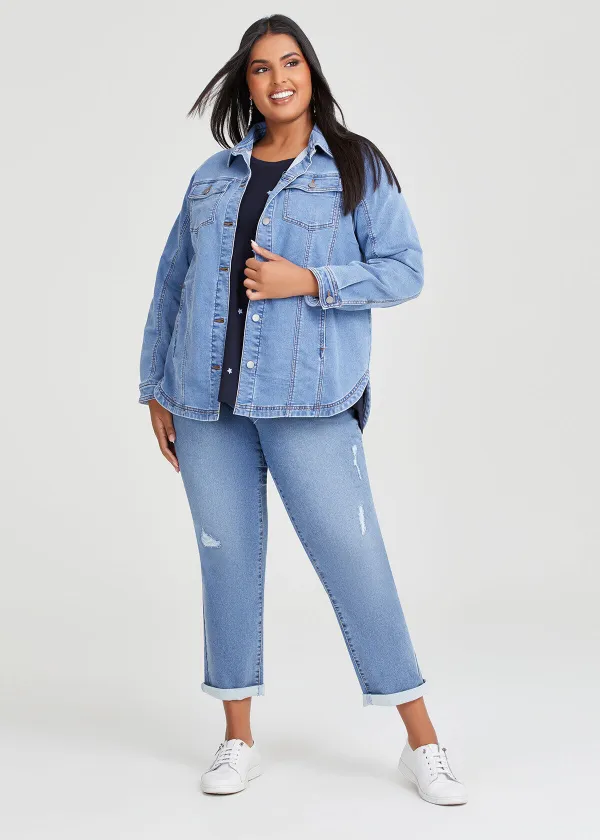 Cotton Curved Hem Denim Shacket