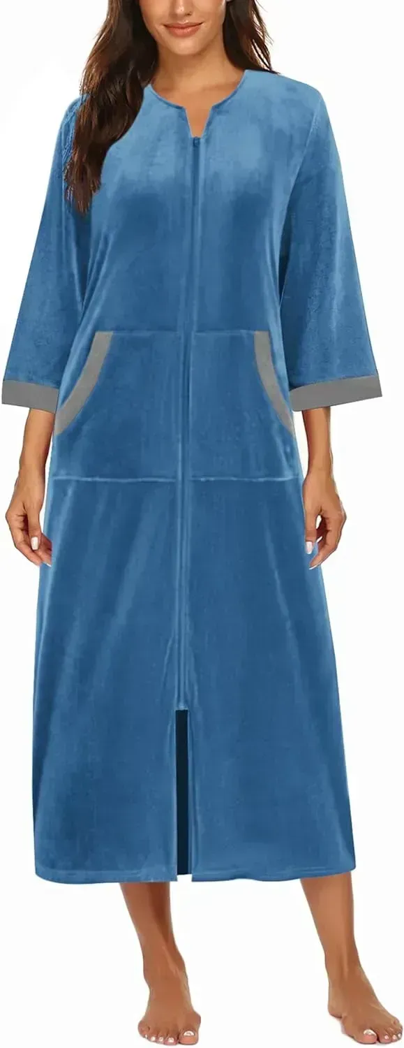 Women Zipper Robe 3/4 Sleeves Loungewear Dress Full Length Sleepwear Pockets Housecoat Nightgown Long Bathrobe
