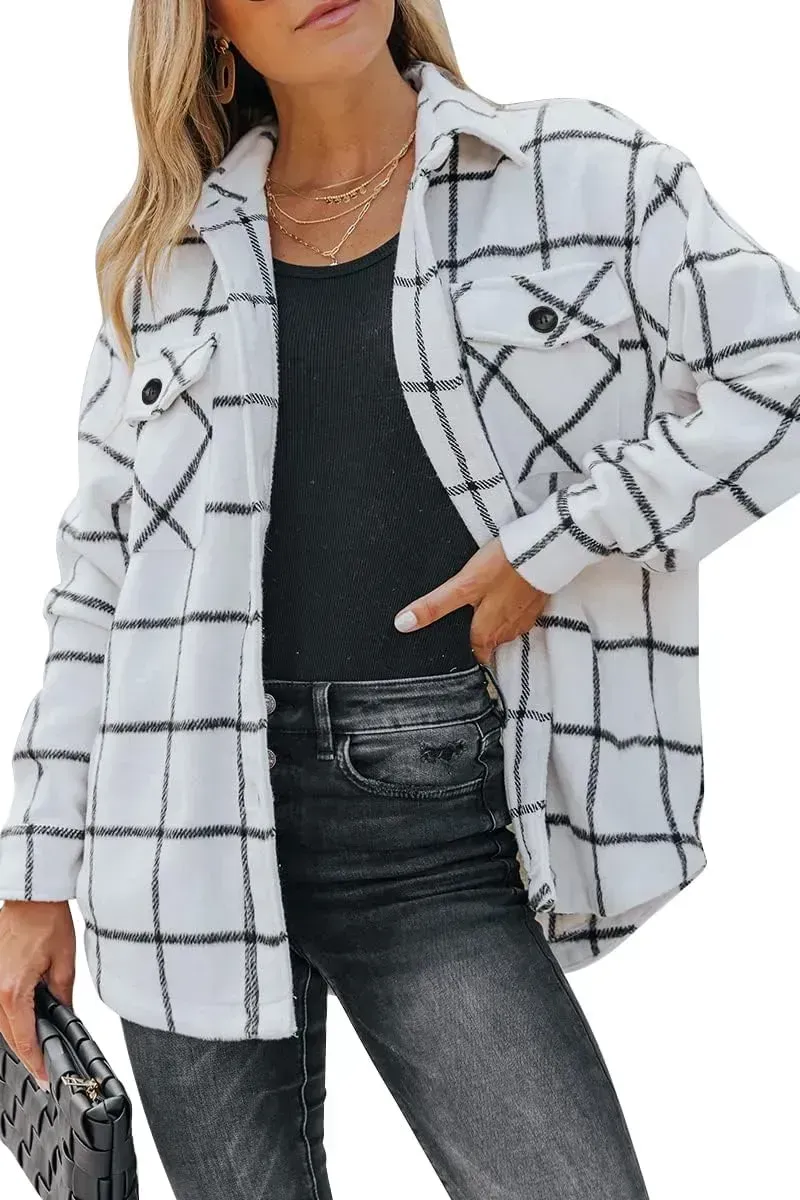 Womens Casual Plaid Shacket Button Down Long Sleeve Shirt