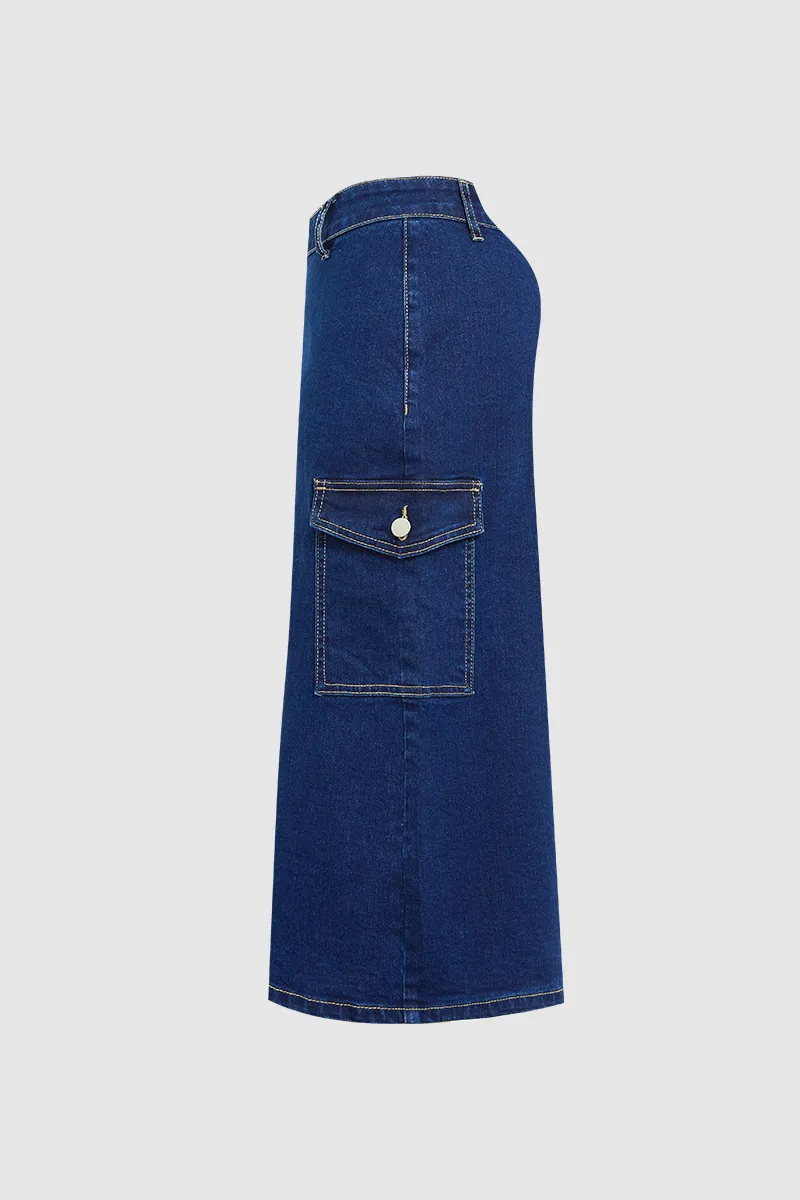 Button Fly Split Mid Waist Midi Denim Skirt