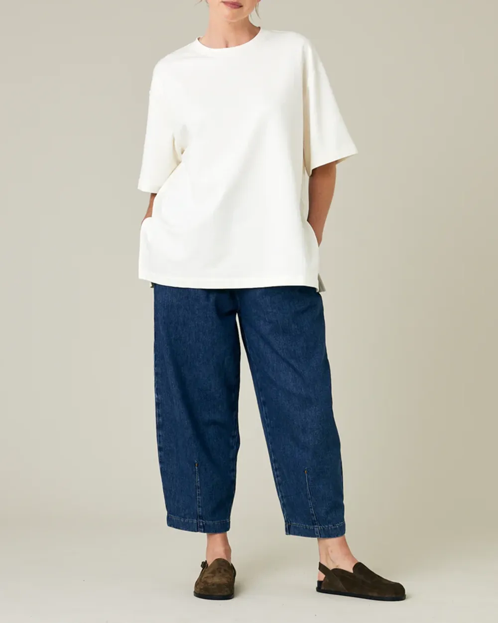 OFF WHITE COTTON JERSEY SHORT DROP SLEEVE TOP