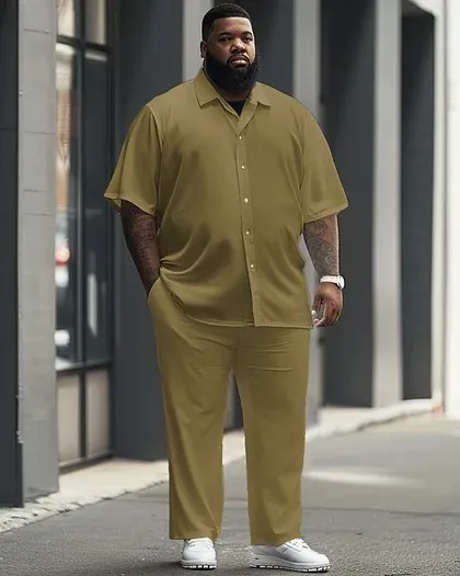 Big Men'S Casual Solid Color Short Sleeve Shirt And Pants Set