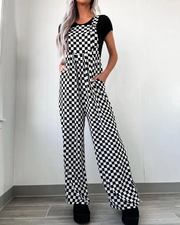 Checkered Wide Leg Jumpsuit - Black