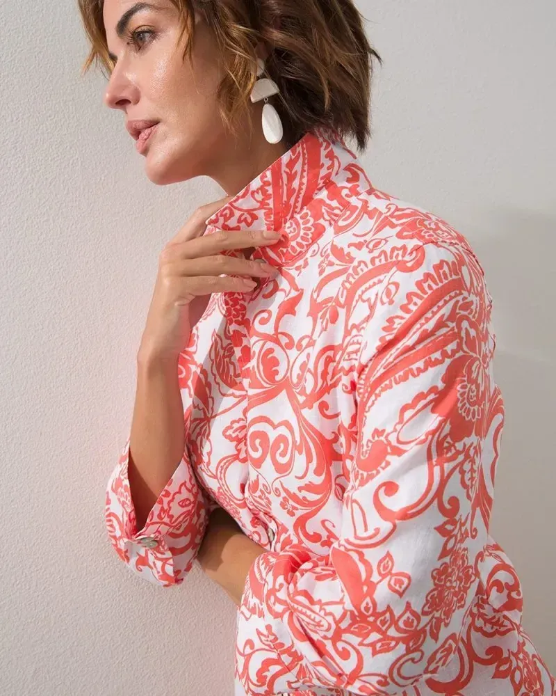 No-Iron Linen Orange Paisley Shirt Orange Blossom