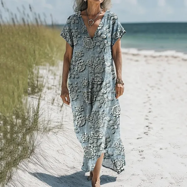 Women's Vintage Floral Art Print V Neck Casual Midi Dress