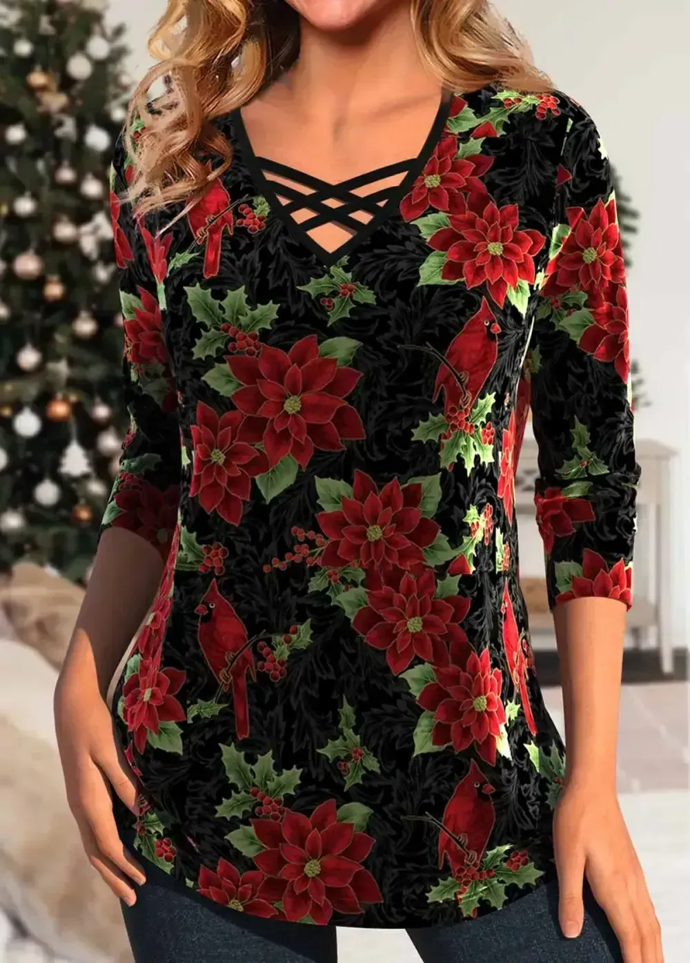 Black Velvet Christmas Print Long Sleeve T Shirt