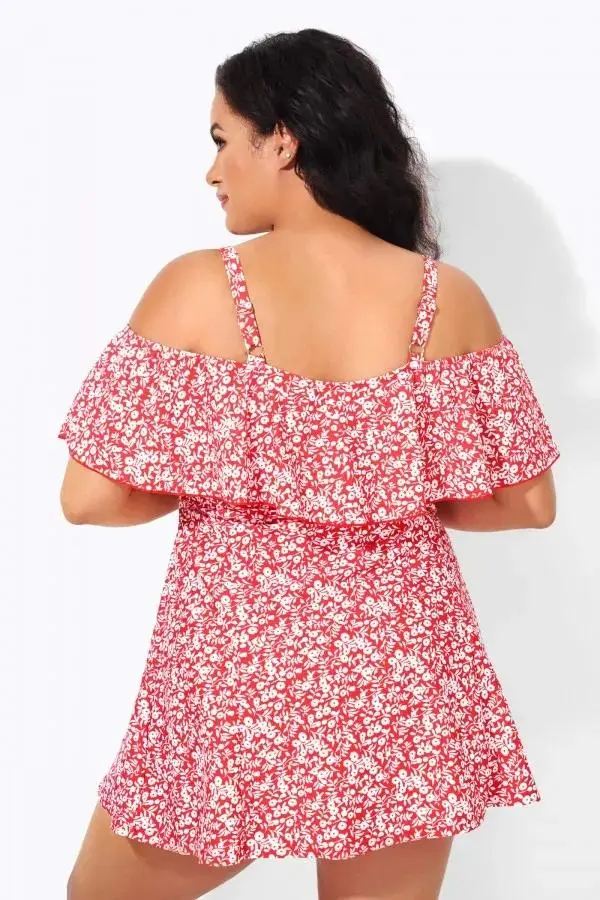Floral Ruffle Cold Shoulder Women Swimdress