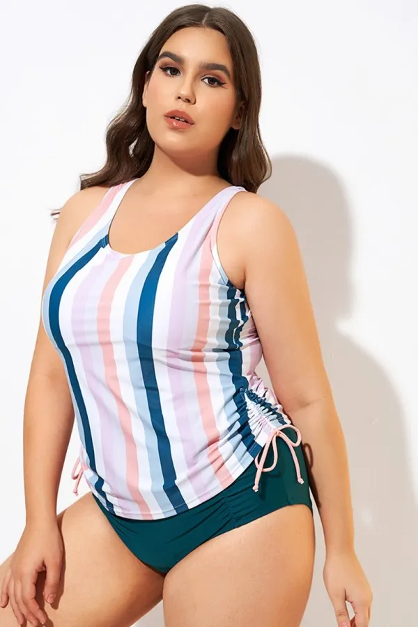 Multi Stripe Built-in Bra Racerback Tankini Top