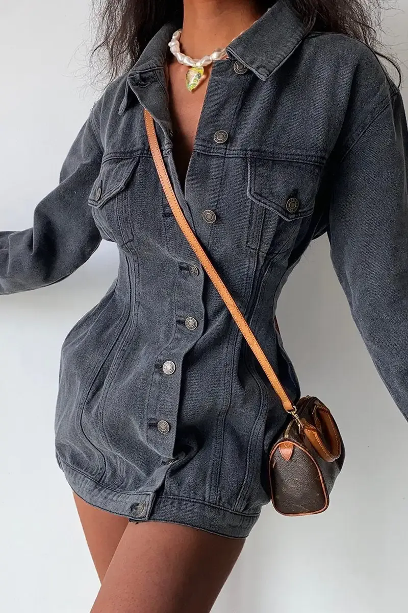 Woman Elegant Waisted Denim Dress Jacket