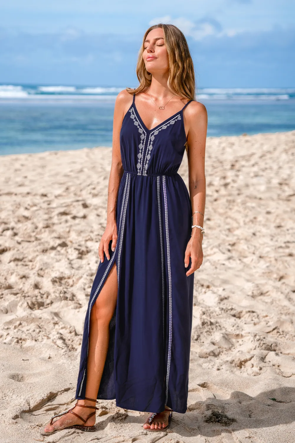 Boho Stitch Blue Maxi Dress