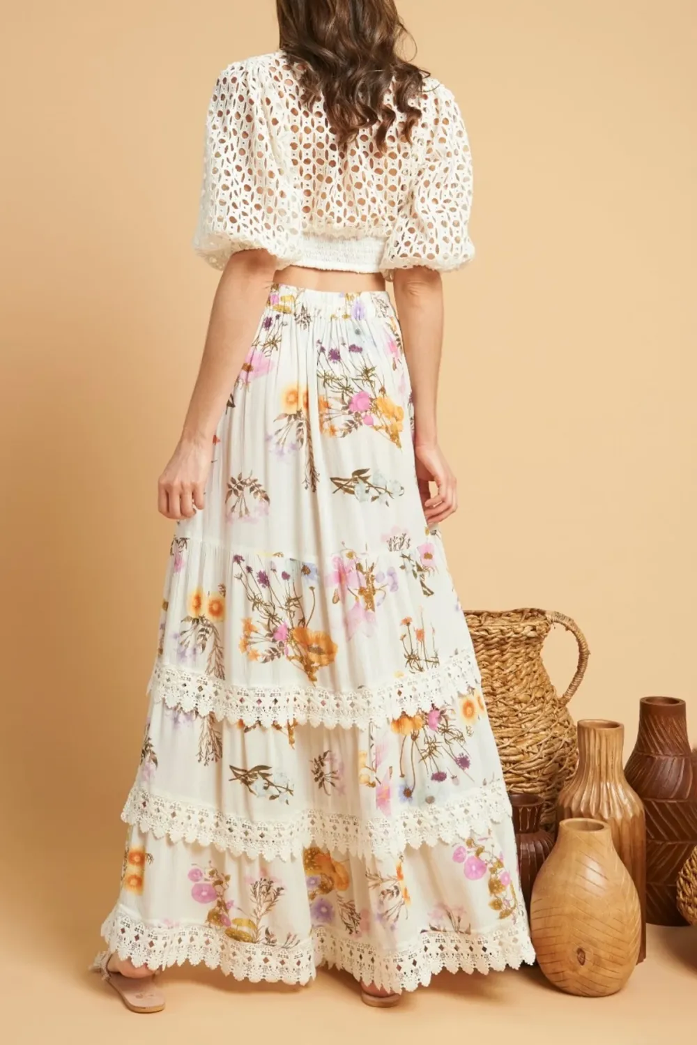 White Embroidered High Waisted Maxi Skirt