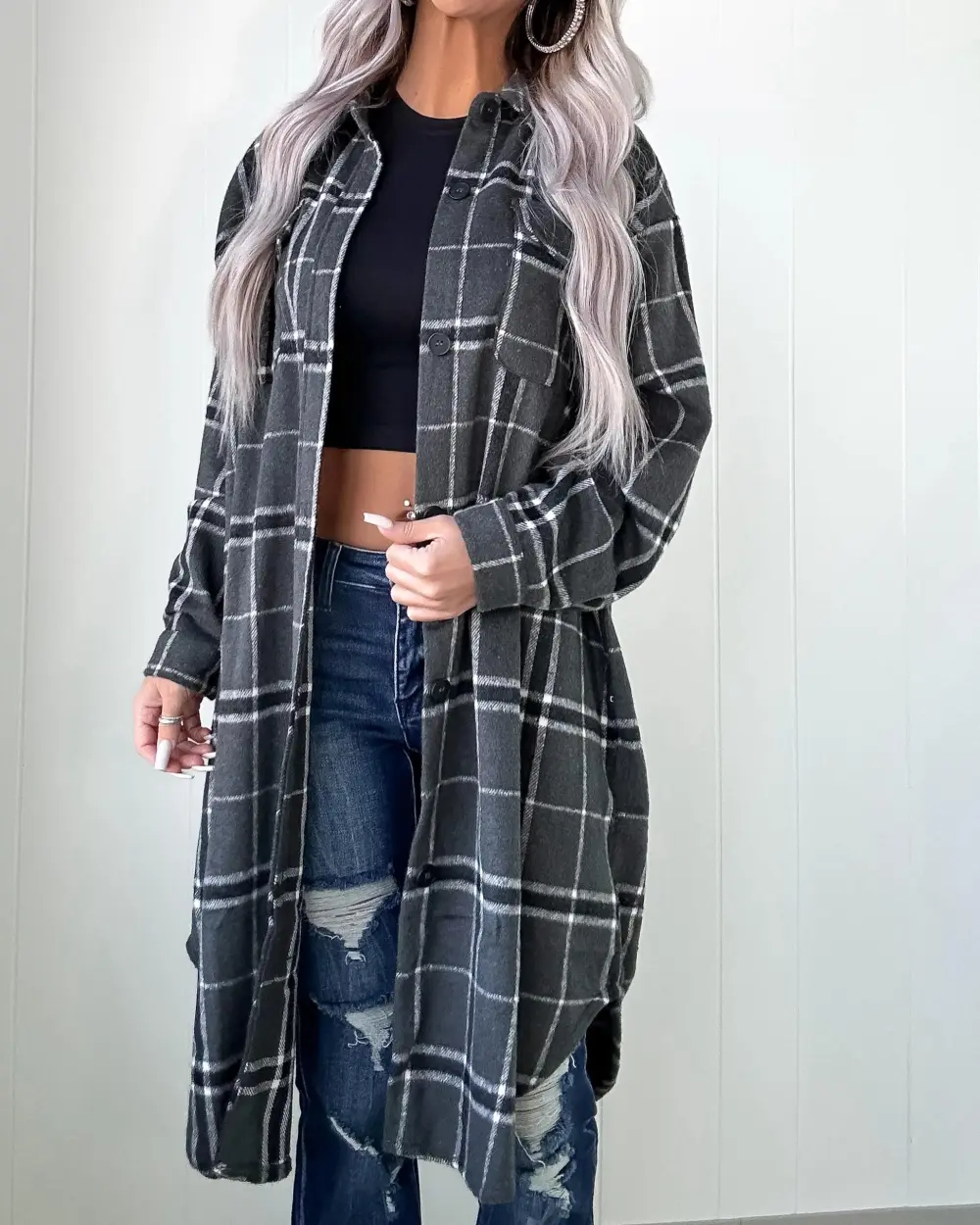 Gray Plaid Duster Shacket