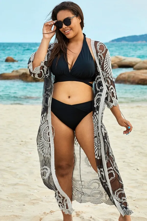 Black Long Sleeves Crochet Lace Cover Up