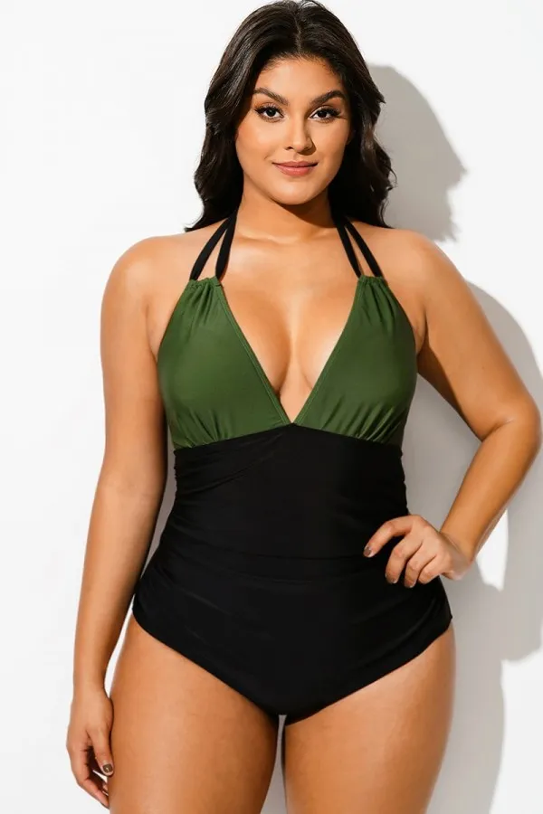 Green Halter V-Neck Colorblock One Piece Swimsuit