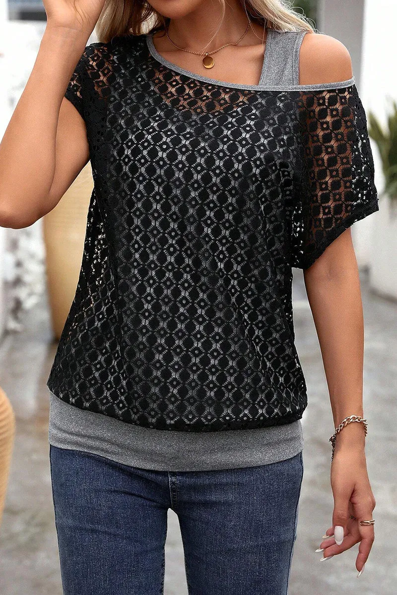 Contrast Lace Hollow Out Asymmetrical Neck 2 In 1 T-Shirt