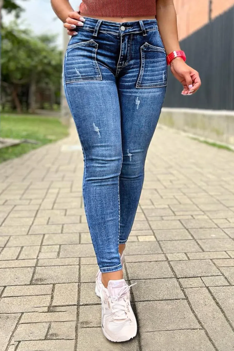 Wash Ripped Detail Mid Rise Stretchy Skinny Jeans