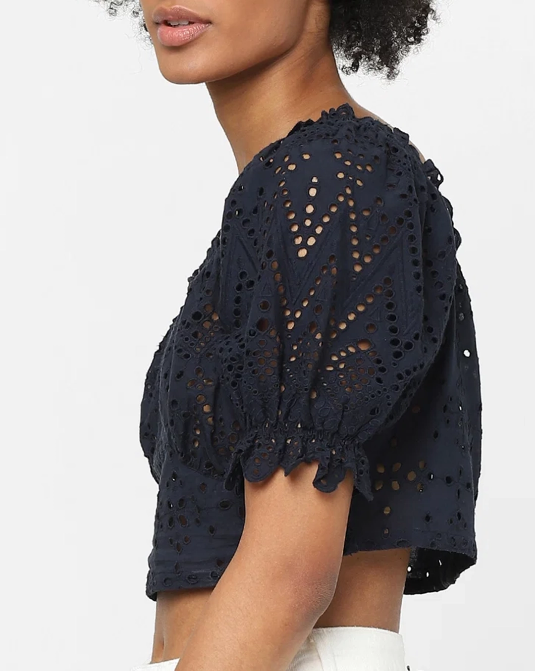 Navy Blue Zebra Print Eyelet Short Sleeve Cropped Top