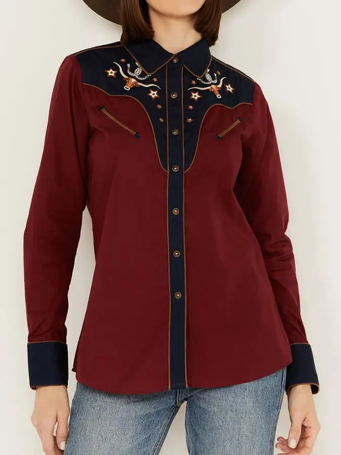 Women's Vintage Western Art Print Casual Linen Shirt