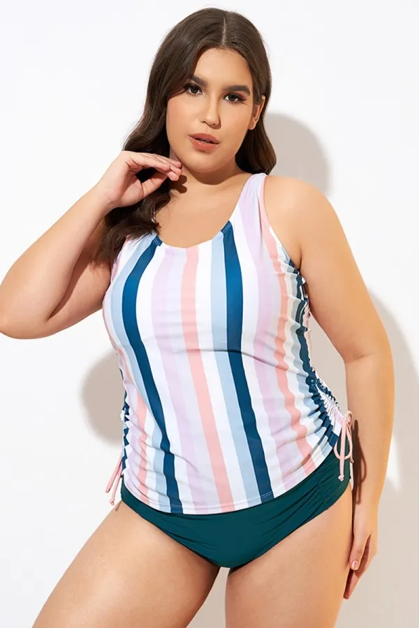 Multi Stripe Built-in Bra Racerback Tankini Top